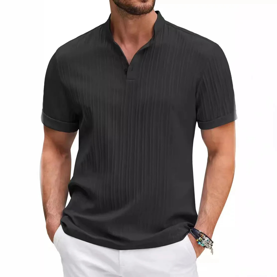 Camisa hawaiana Retro de algodón y lino Henry para hombre, informal, holgada con botones deportivos con cuello levantado, nueva camisa informal para hombre 2025