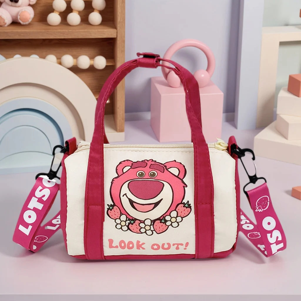 Bolso de hombro de lona de punto para mujer, bolso cruzado informal con oso de fresa de dibujos animados, desplazamientos diarios