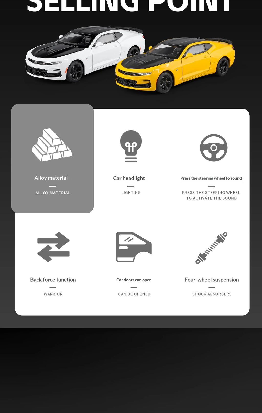 Modelo de coche de aleación Camaro - Puertas abiertas - Absorción de impactos de neumáticos de goma - Cuerpo de metal fundido a presión - Decoraciones para automóviles