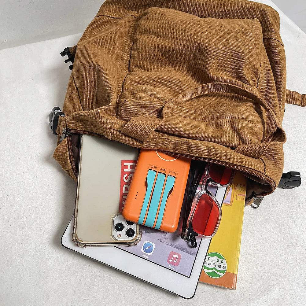 Mochila de lona Vintage para mujer y niña, bolso escolar de viaje, Color sólido, estética Hippie, Y2K