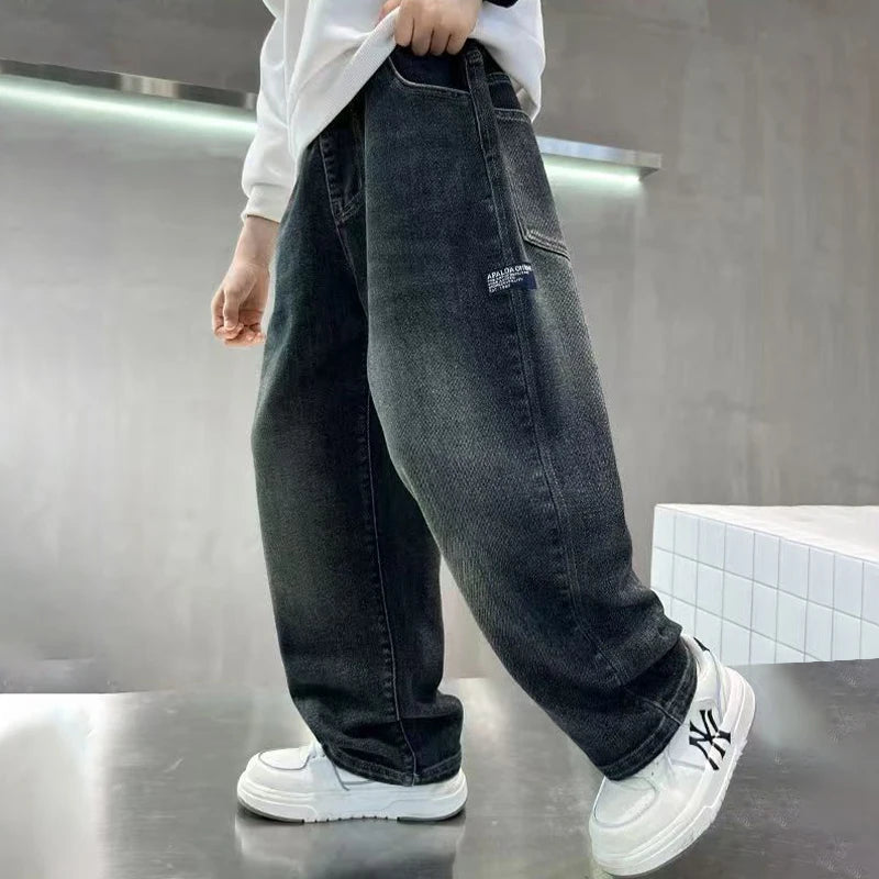 Pantalones vaqueros para niños adolescentes, pantalones vaqueros con letras a la moda para primavera y otoño, pantalones rectos sueltos informales para niños de 4 a 14 años