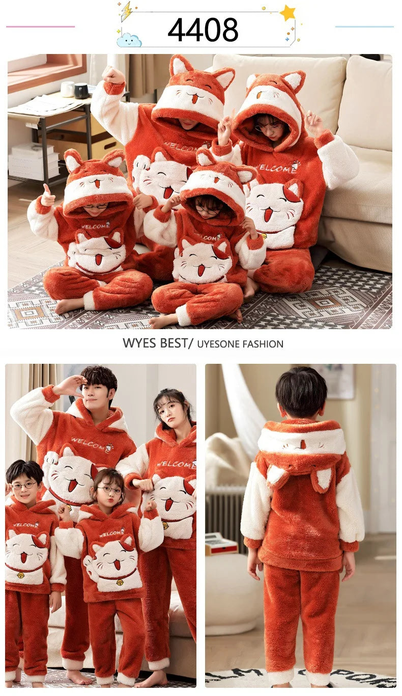 Pijamas gruesos de invierno para padres e hijos, ropa de dormir para mujeres y hombres, trajes para niños, conjuntos de Pijamas, ropa de ocio de gato de dibujos animados
