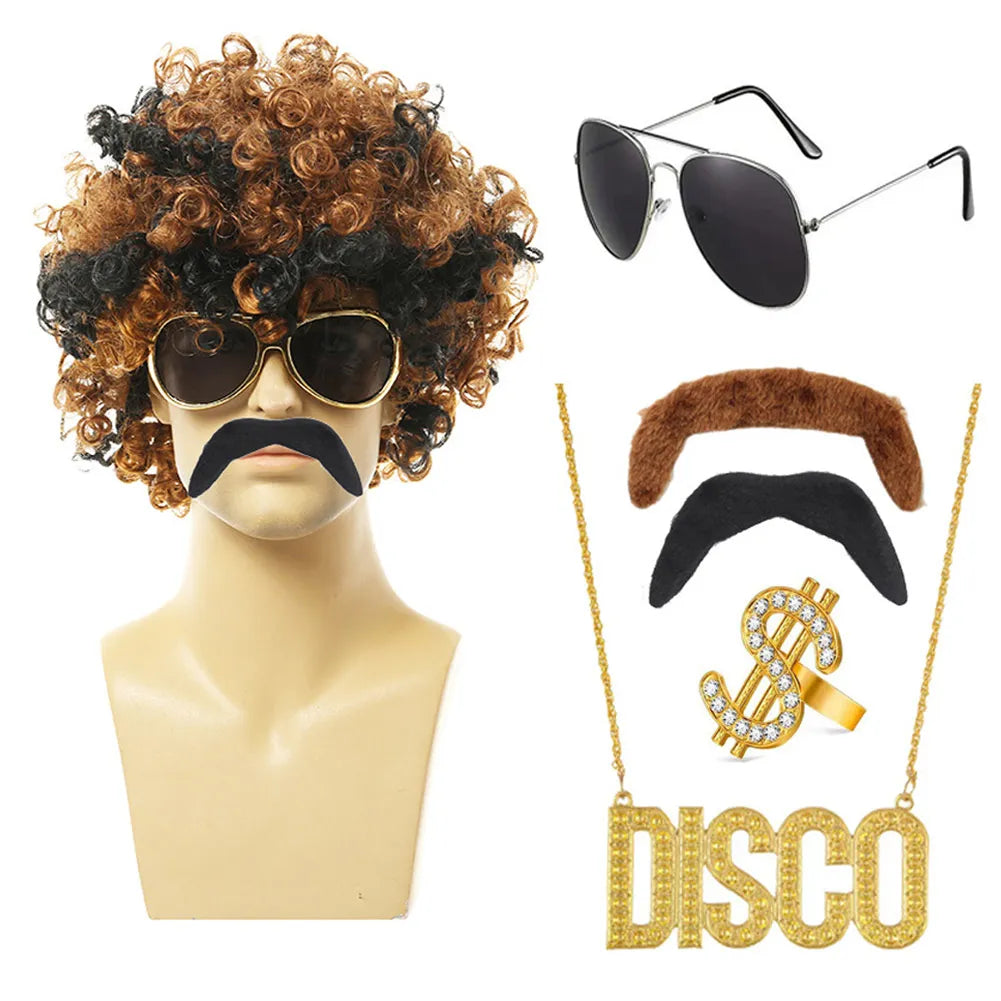 Pelucas de pelo Afro de fantasía para hombres, collar de anteojos, accesorios de disfraz, fiesta de discoteca, accesorios de fantasía, Cosplay Hippie, 70s, 80s