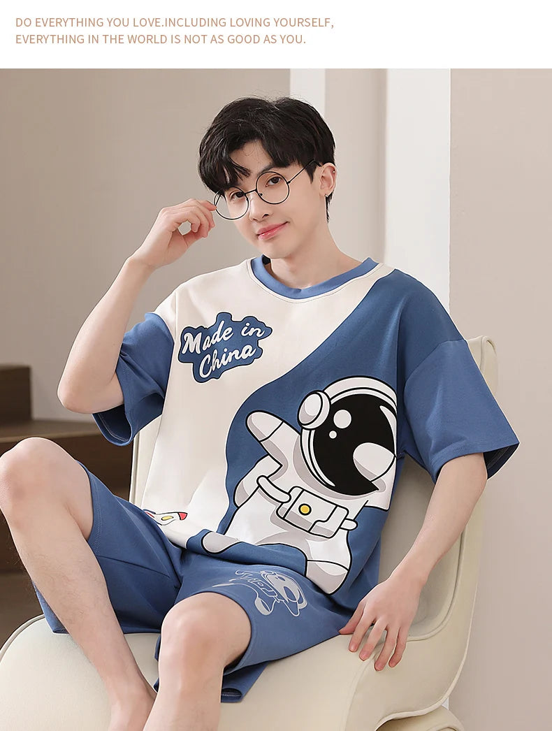 Pijamas para hombre y adolescente, pantalones cortos de algodón de manga corta con dibujos de astronauta, conjunto de ropa de descanso para estudiantes de secundaria, pijama para hombre, envío directo