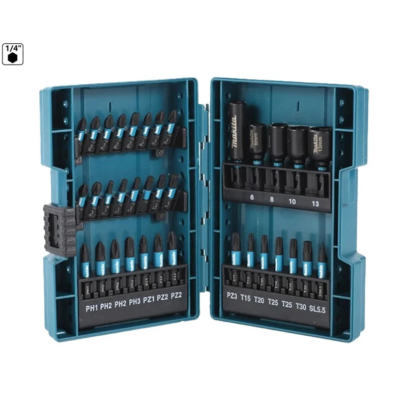 MAkita E-06638 Punta y casquillo para destornillador de impacto, 35 Uds., eje hexagonal, juego de fundas para cabeza, accesorios de herramientas