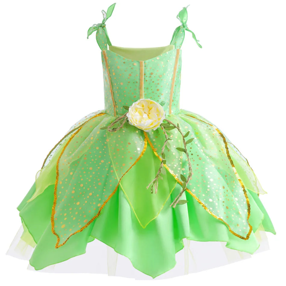 Vestido de Hada de las flores para niñas, vestido de princesa con alas, disfraz de princesa de Halloween, fiesta de elfos, Tinkerbell, vestido de campanilla