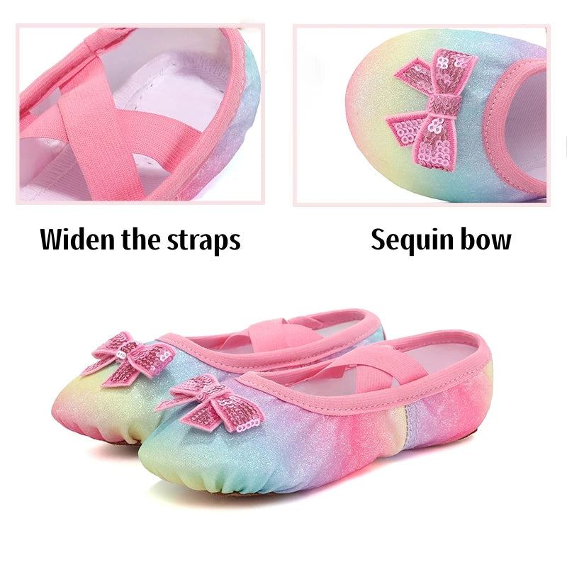 Zapatos de baile para niños, zapatos planos de Ballet para niñas, lazo de arcoíris, lentejuelas, cuero, suela blanda, actuación