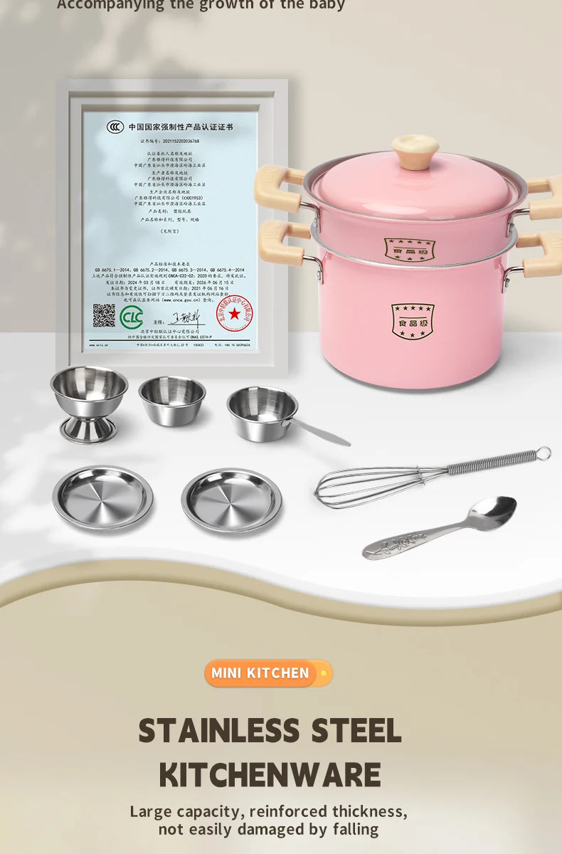 Juego de utensilios de cocina para niños, accesorios de cocina, ollas de madera y acero inoxidable con comida, regalo para niños