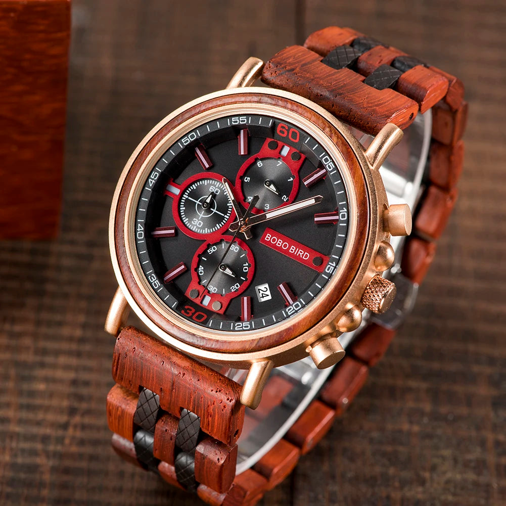 Reloj Masculino BOBO BIRD de madera para hombre, relojes militares con cronógrafo elegante de lujo de marca superior en caja de madera, reloj para hombre