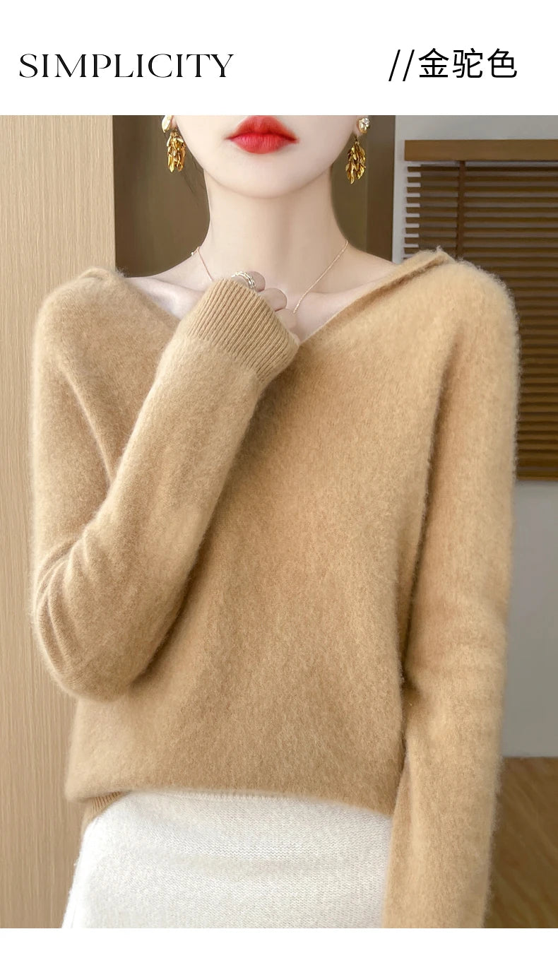 Ropa de Otoño Invierno para mujer, jersey con cuello con capucha, suéter de lana merina de 100%, Tops de Cachemira a la moda, prendas de punto suaves