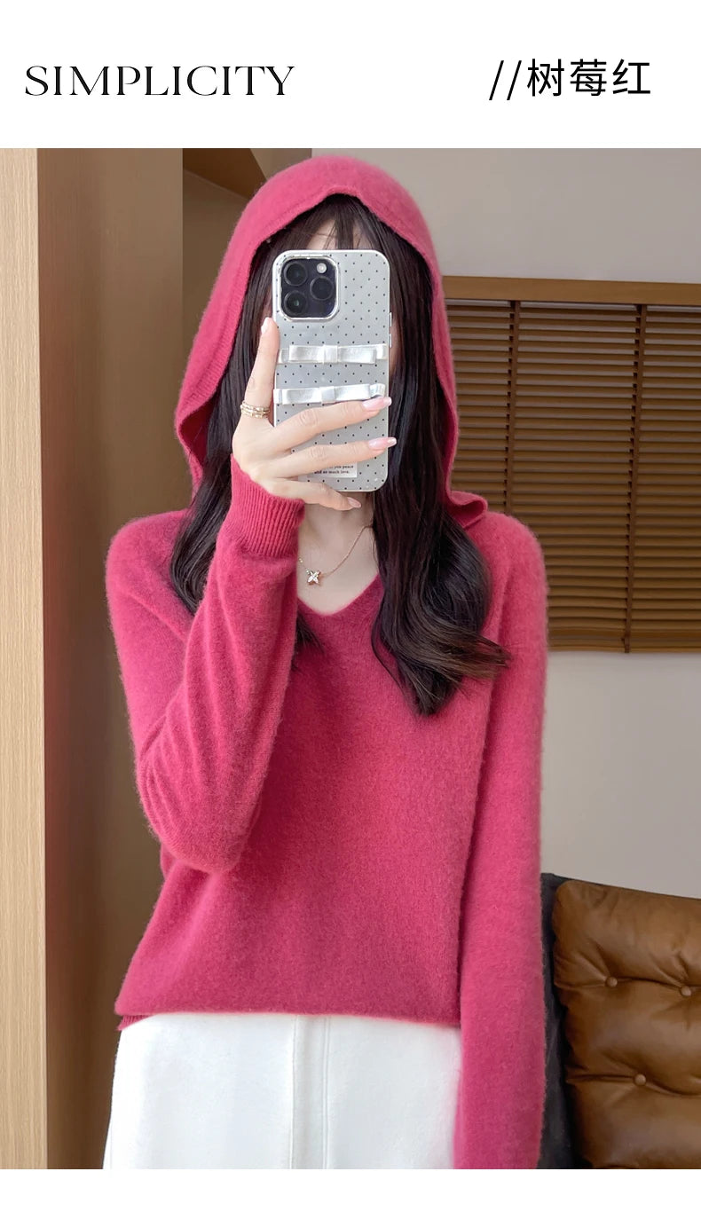 Ropa de Otoño Invierno para mujer, jersey con cuello con capucha, suéter de lana merina de 100%, Tops de Cachemira a la moda, prendas de punto suaves