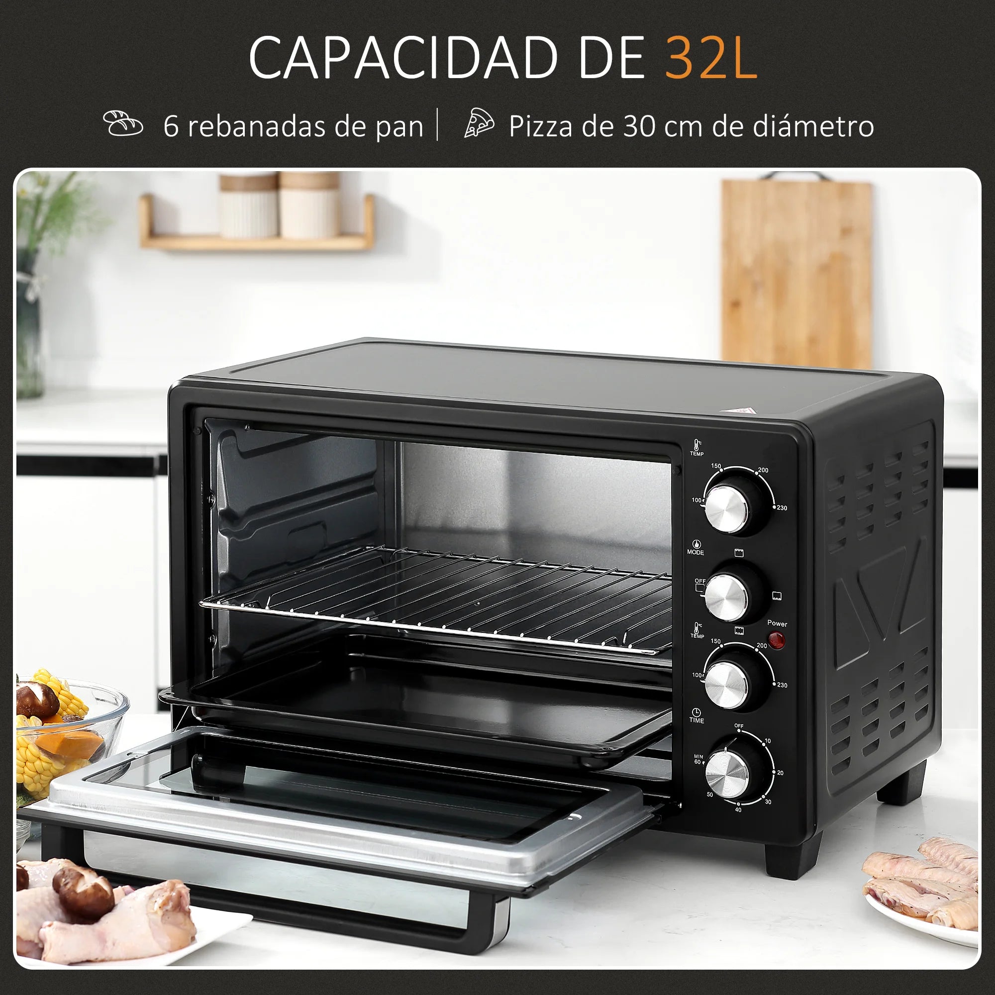 HOMCOM Horno Eléctrico de Sobremesa 32L 1600W con 3 Modos de Calor Temporizador y Temperatura Regulable 52,2x38,1x33,5 cm Negro