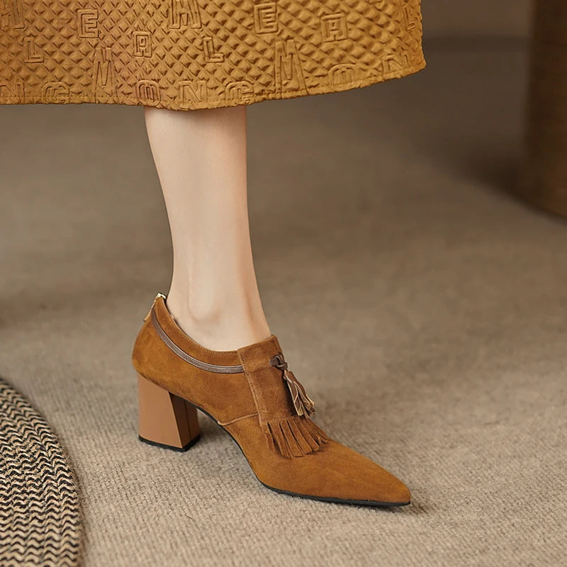 2025 primavera zapatos de mujer puntiagudos tacón grueso zapatos de tacón alto de gamuza de oveja zapatos con hebilla de cinturón para mujer zapatos de mujer