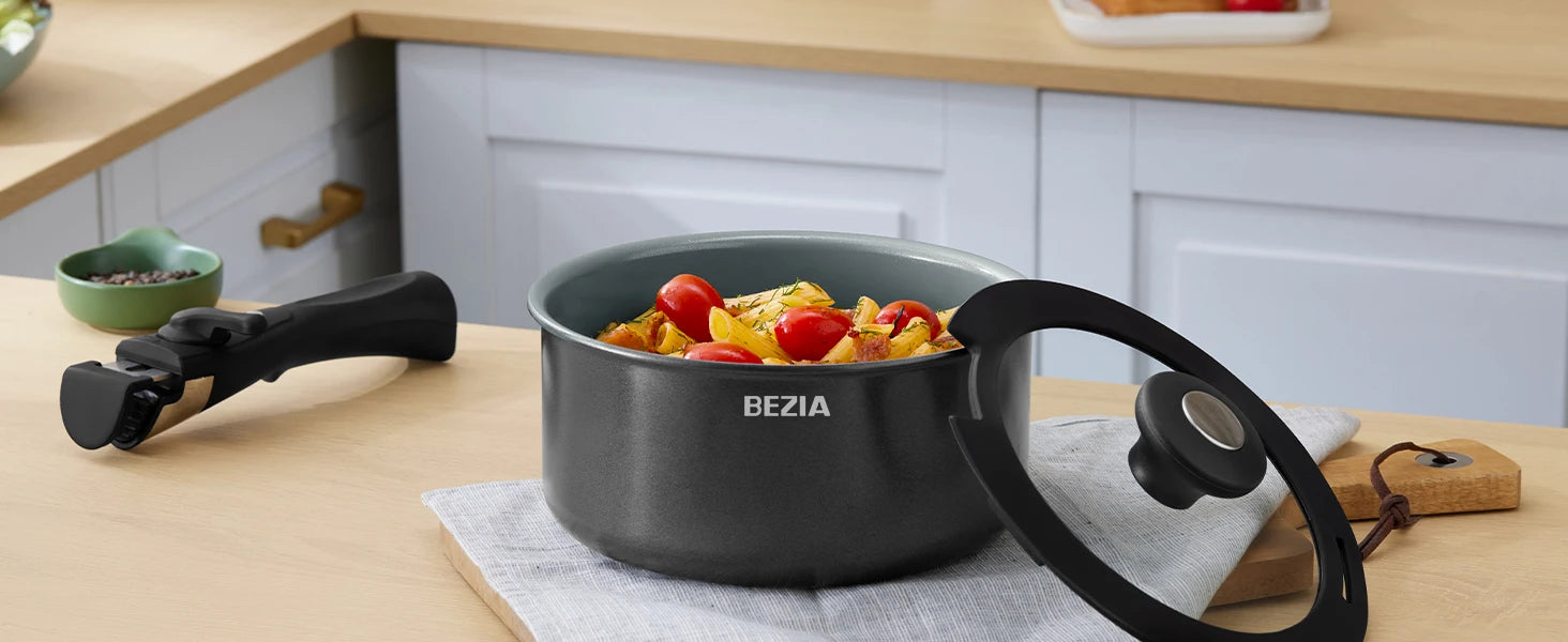 Batería de cocina de inducción Bezia con revestimiento cerámico saludable, ollas y sartenes antiadherentes, juego de 13 piezas con asas desmontables