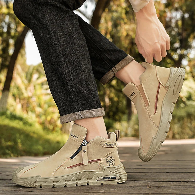 Botas de plataforma de diseñador de moda para hombre, zapatos de trabajo informales con cremallera para exteriores, antideslizantes, resistentes al desgaste, nuevo estilo, 2025