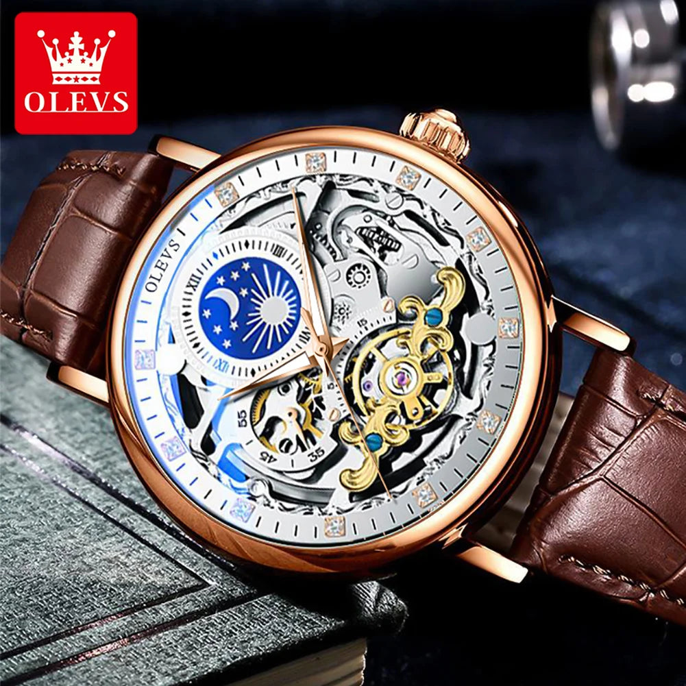 OLEVS Relojes de esqueleto, reloj mecánico automático para Hombre, reloj deportivo Tourbillon, reloj de pulsera informal de negocios con forma de Luna, Relojes para Hombre