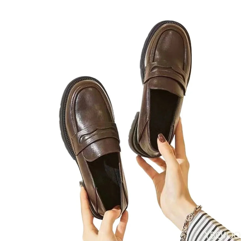 Zapatos informales de cuero para mujer, Zapatos de tacón de suela gruesa a la moda, mocasines transpirables de Color sólido, Zapatos de tacón alto cómodos a la moda para mujer