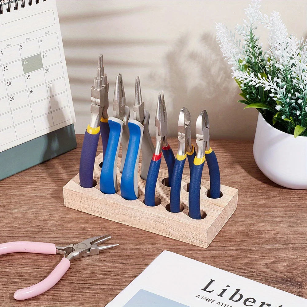 Estante organizador de alicates de madera dura con 12 agujeros, almacenamiento compacto para 6 alicates, soporte para herramientas de joyería, bloque de taller que ahorra espacio