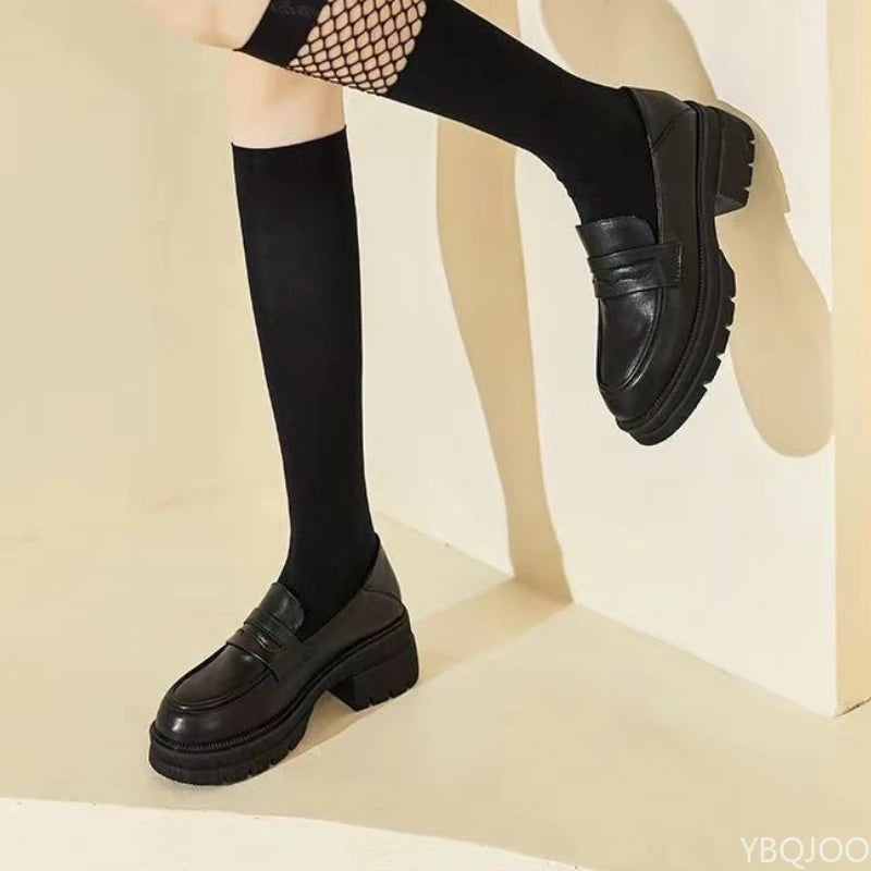 Zapatos informales de cuero para mujer, Zapatos de tacón de suela gruesa a la moda, mocasines transpirables de Color sólido, Zapatos de tacón alto cómodos a la moda para mujer