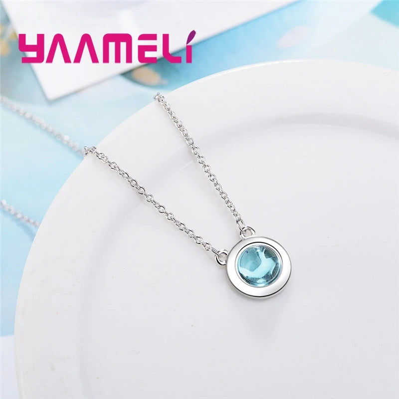 Gran oferta minimalista, collar de plata de ley 925 con piedra CZ azul redonda brillante para mujer amante y niña, regalo de Festival a la moda