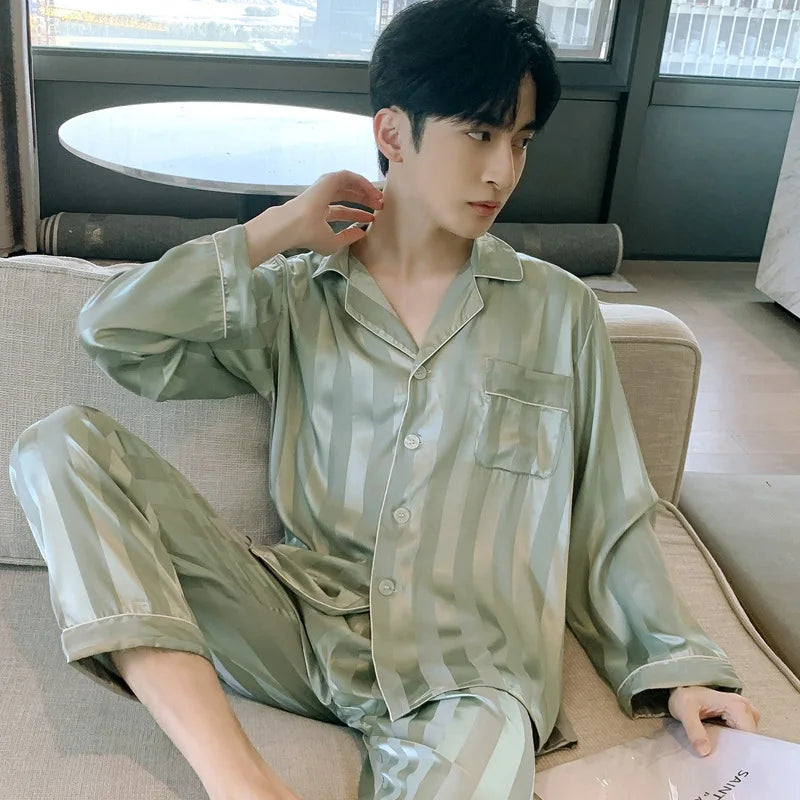 Pijamas para hombre, Primavera Verano, seda fina de hielo, lujoso, holgado, traje para el hogar, conjunto de pijamas de satén para hombre, conjunto de pijamas de noche para hombre