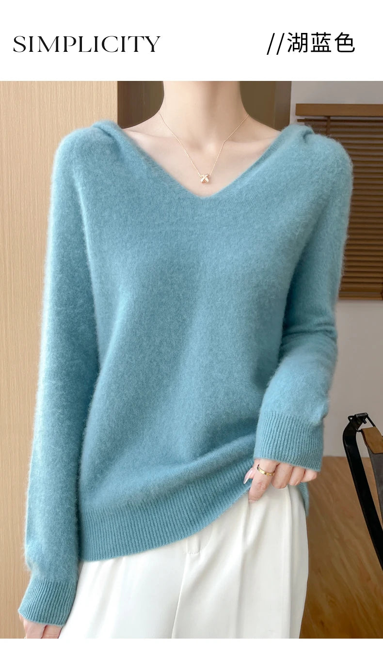 Ropa de Otoño Invierno para mujer, jersey con cuello con capucha, suéter de lana merina de 100%, Tops de Cachemira a la moda, prendas de punto suaves