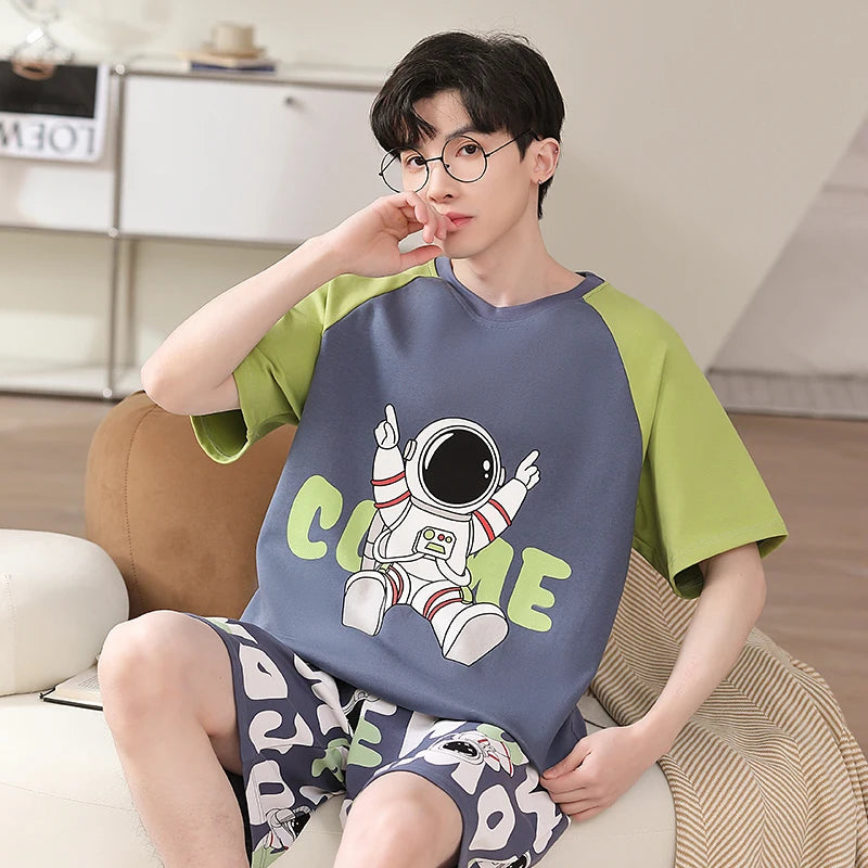 Pijamas para hombre y adolescente, pantalones cortos de algodón de manga corta con dibujos de astronauta, conjunto de ropa de descanso para estudiantes de secundaria, pijama para hombre, envío directo