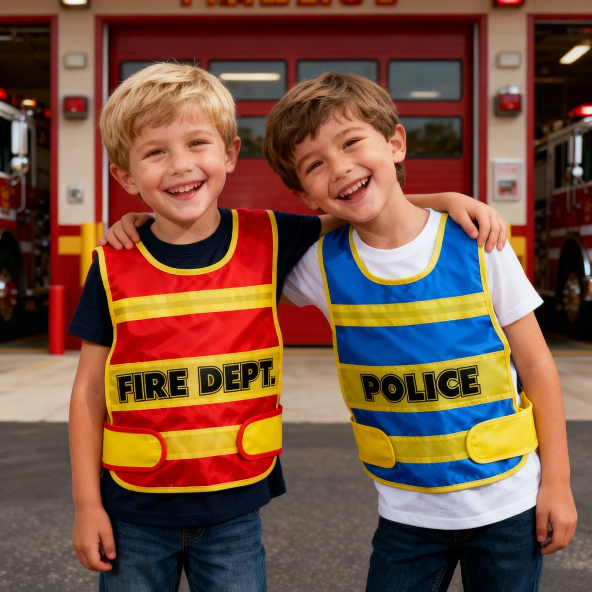 Dos tipos de disfraces de rol profesionales, bomberos, chalecos de juego de rol de policía de tráfico, accesorios de juego para niños