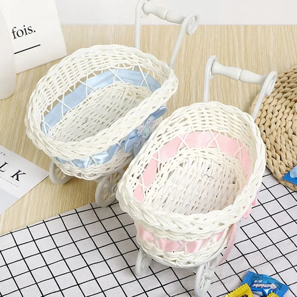 Carrito pequeño creativo tejido a mano, cesta de almacenamiento de frutas y flores de regalo de 2 estilos, almacenamiento tejido de ratán de imitación para plantas, hogar y boda