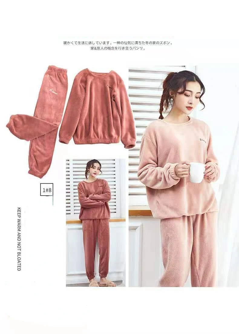 Pijamas de invierno de franela cálida para mujer, ropa de ocio gruesa, conjunto de pijamas lisos de manga larga de terciopelo Coral sencillo, 2025-26