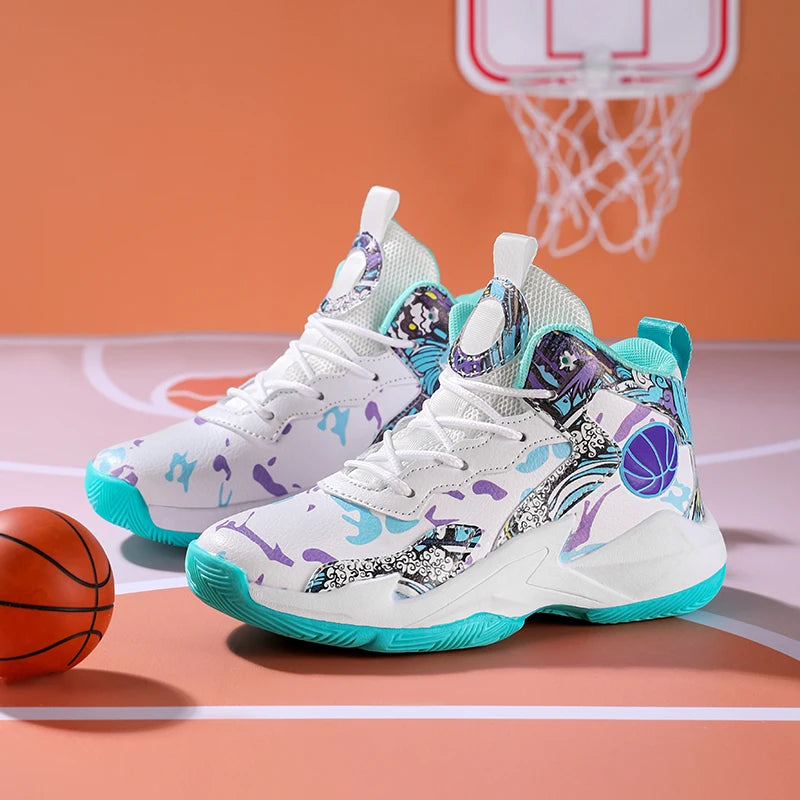 Zapatillas de baloncesto de moda para niños, zapatillas altas, zapatillas deportivas informales para niños, zapatillas de gimnasio antideslizantes con protección en el tobillo para niños