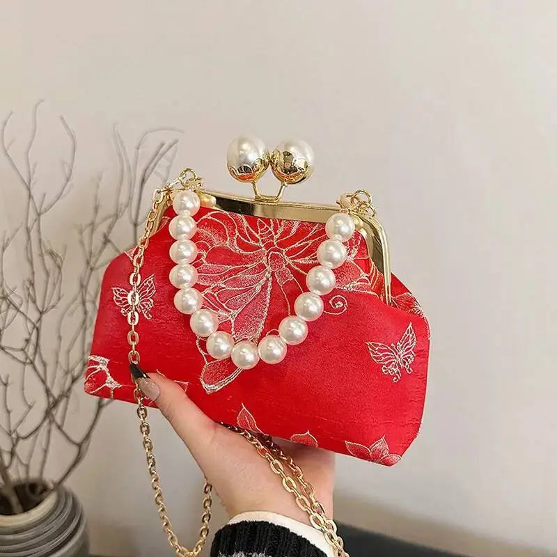 Bolso de mano bordado de estilo bohemio para mujer, bolsos de hombro con patrón floral, elegante bolso con correa de cadena y asa de metal, cartera de regalo