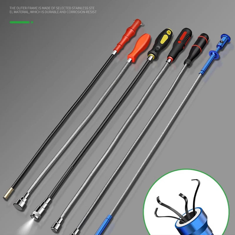 Herramienta de recogida magnética con luz LED, eje flexible para reparación de automóviles y hogar, barra magnética fuerte para tornillos, tuercas en espacios apretados