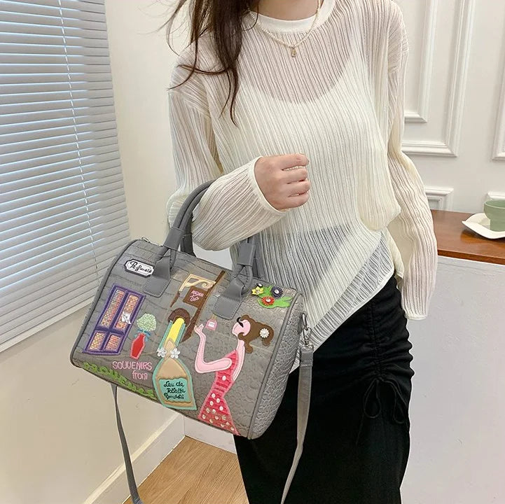 Bolso de mujer tridimensional bordado europeo y americano nuevo bolso Boston de hombro de gran capacidad bolso cruzado de moda