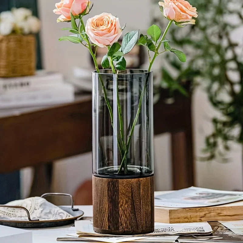 Elegante florero de cristal con base de madera para plantas hidropónicas, arreglo floral de mesa moderno, decoración del hogar
