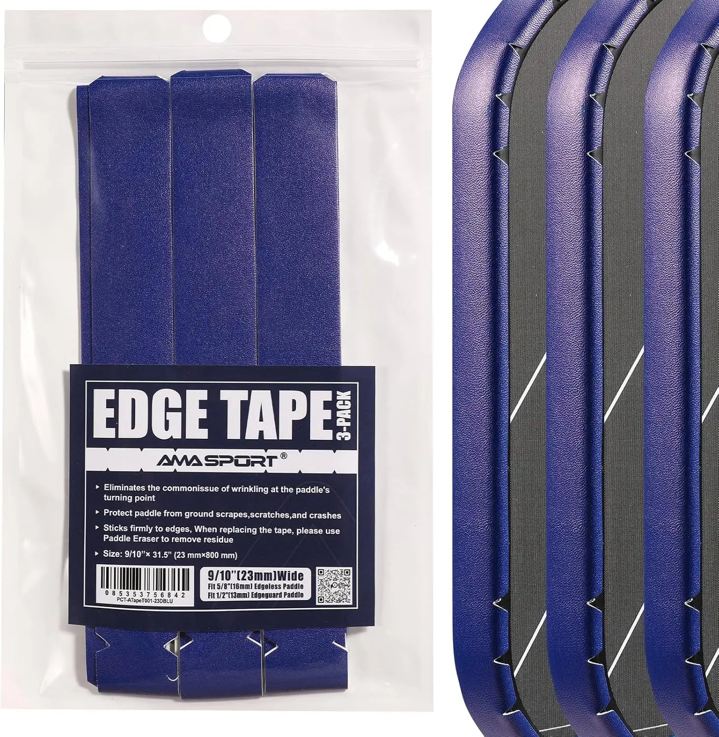 AMASPORT Cinta de protección de paleta de Pickleball 20 mm/23 mm/26 mm para cinta Euard de borde de Pickleball azul marino de 13 mm/16 mm/19 mm