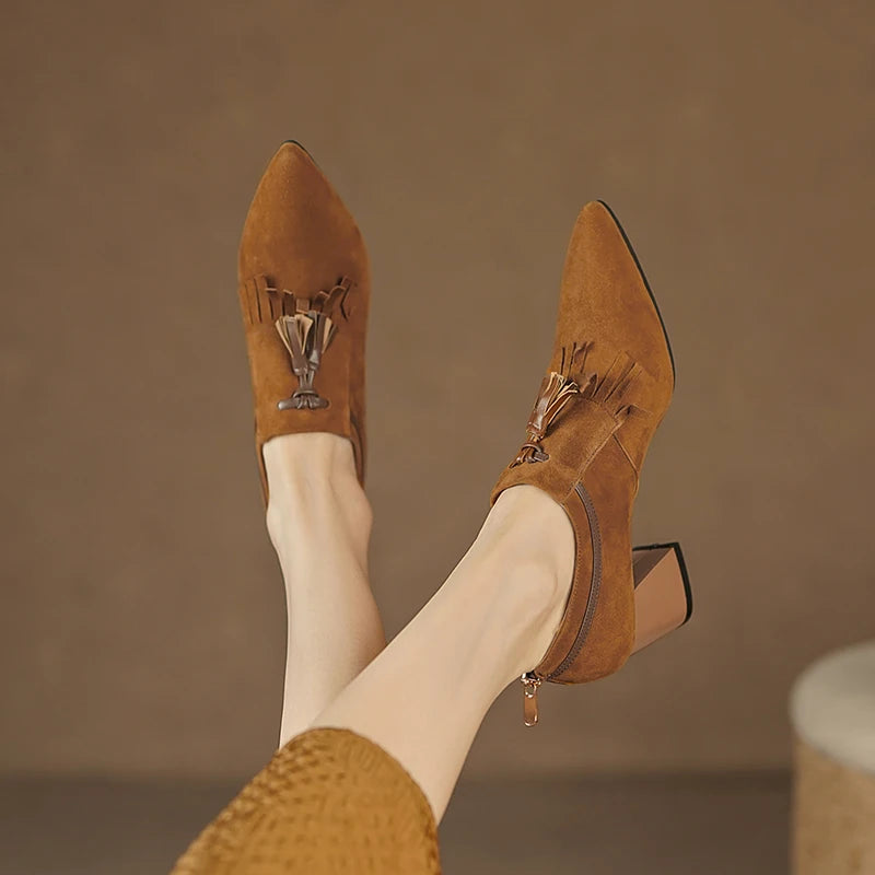 2025 primavera zapatos de mujer puntiagudos tacón grueso zapatos de tacón alto de gamuza de oveja zapatos con hebilla de cinturón para mujer zapatos de mujer