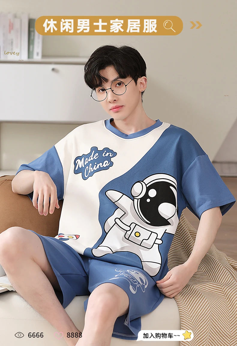 Pijamas para hombre y adolescente, pantalones cortos de algodón de manga corta con dibujos de astronauta, conjunto de ropa de descanso para estudiantes de secundaria, pijama para hombre, envío directo