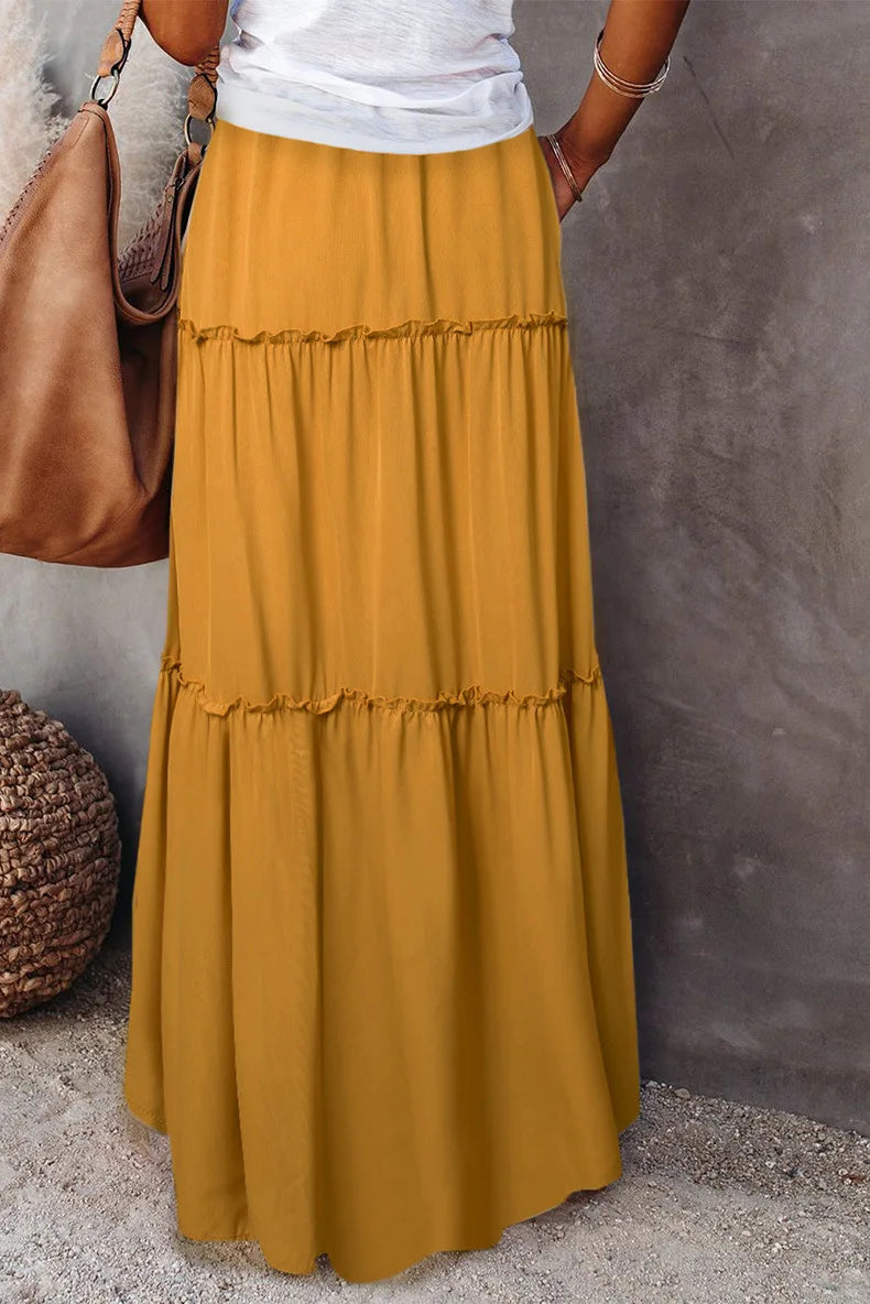 Falda larga de Color liso para mujer, falda en capas de seta de moda, falda elástica de cintura alta con volantes, primavera y otoño, nueva