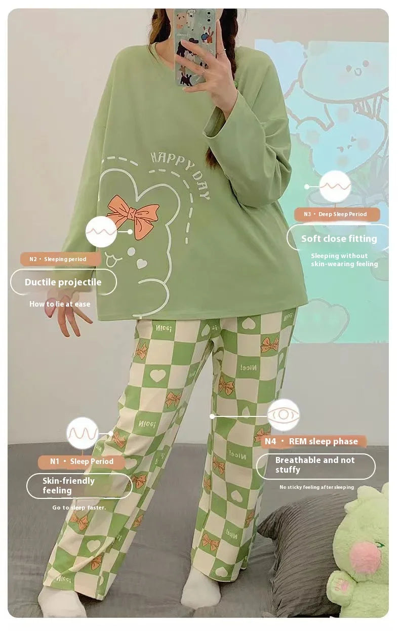 Pijamas para mujer en primavera y otoño, ropa de hogar de manga larga de otoño e invierno, sencilla y holgada