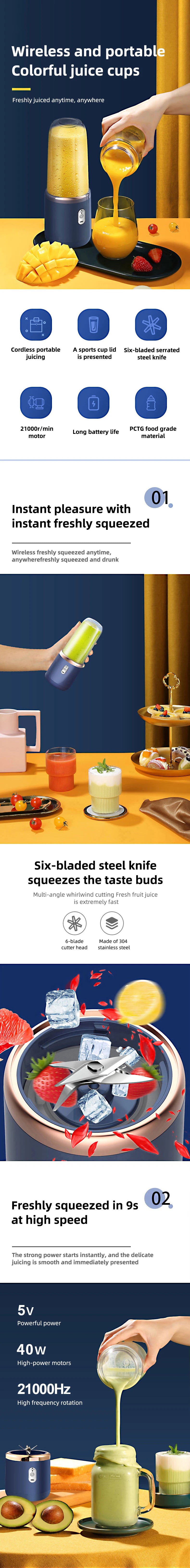 Botella de licuadora portátil, licuadora de jugo multifunción eléctrica de 6 hojas, licuadora de batidos de jugo fresco, trituradora de hielo, procesador de alimentos