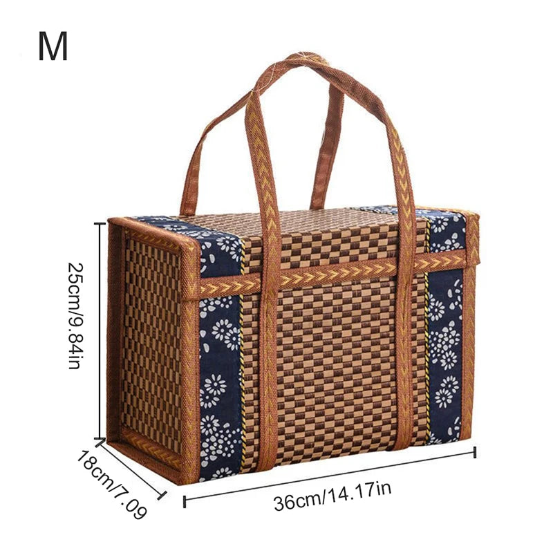 Cesta de frutas tejida de bambú plegable, mango de mano, cesta de comida para compras de frutas, cesta de almacenamiento de alimentos para Picnic para exteriores