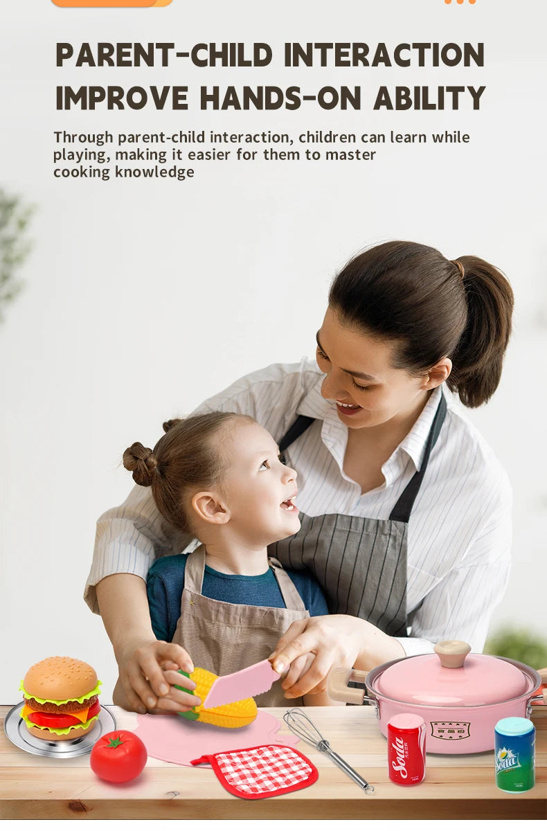 Juego de utensilios de cocina para niños, accesorios de cocina, ollas de madera y acero inoxidable con comida, regalo para niños