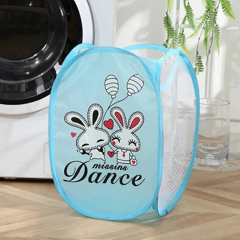 Cesta de lavandería plegable con estampado de dibujos animados, cesto de ropa sucia de malla de nailon, contenedor de almacenamiento, tela moderna Simple para organización del hogar