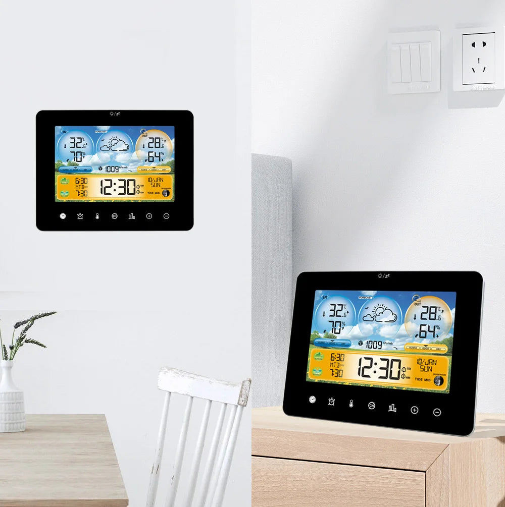 Termómetro de estación meteorológica con sensores remotos y pantalla táctil a color Estación de pronóstico del termómetro meteorológico con amanecer y puesta de sol