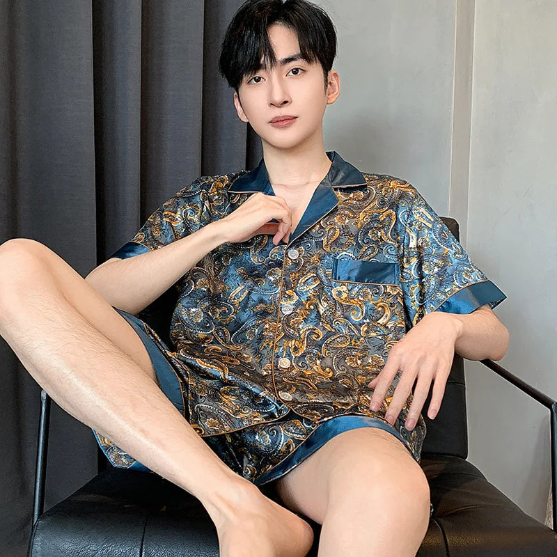 Pijamas para hombre, Primavera Verano, seda fina de hielo, lujoso, holgado, traje para el hogar, conjunto de pijamas de satén para hombre, conjunto de pijamas de noche para hombre