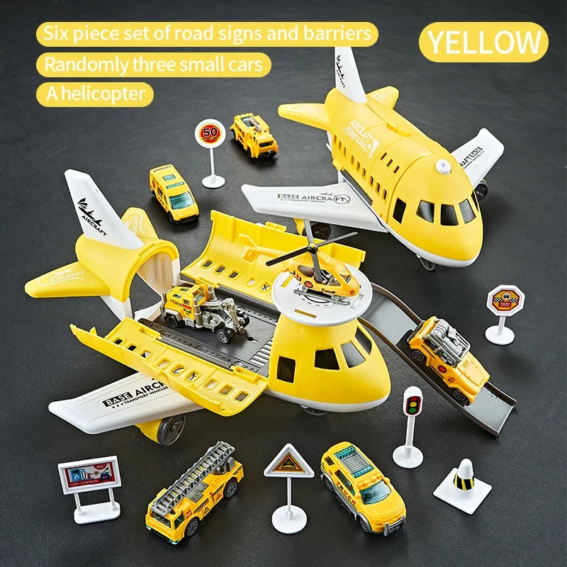 Modelo de avión para niños, juguetes, modelo inercial, aviones de simulación, juguetes multifuncionales, 3 coches aleatorios, 1 helicóptero, 6 señales de tráfico