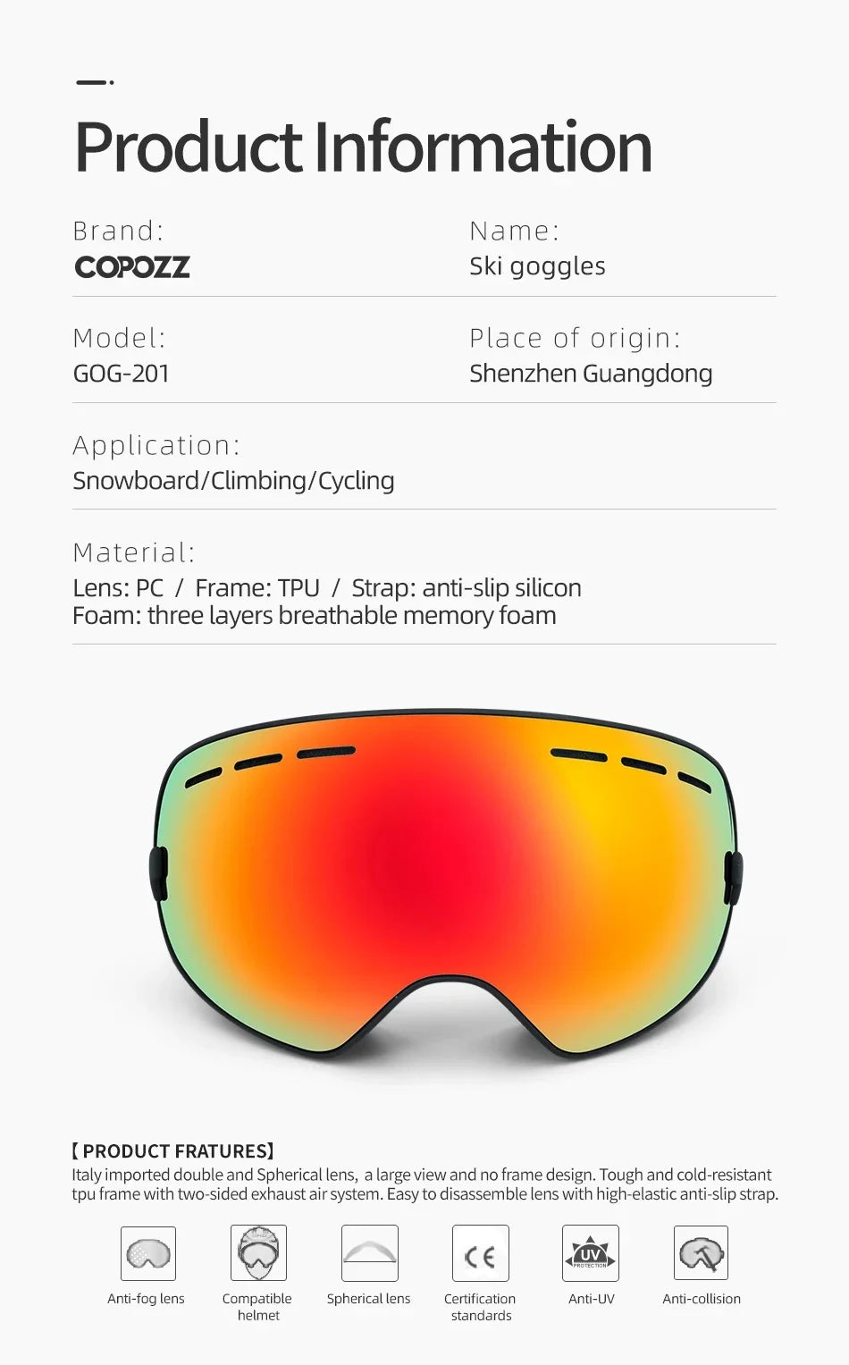 Marca COPOZZ, gafas de esquí profesionales, lentes de doble capa, antiniebla UV400, gafas de esquí grandes, esquí, Snowboard, hombres y mujeres, gafas de nieve