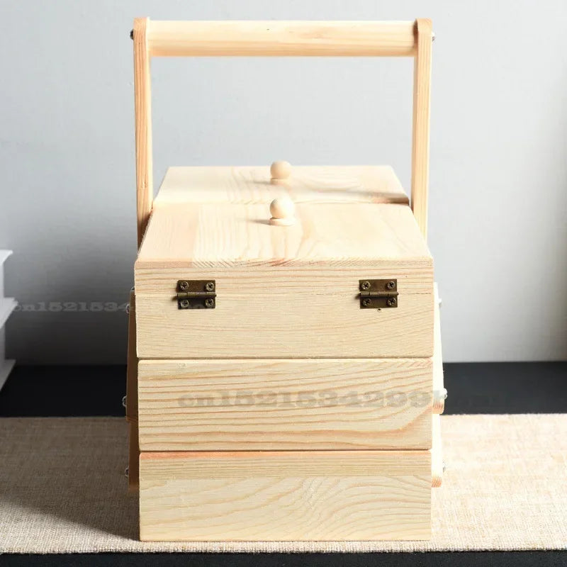 Caja de almacenamiento de costura de madera maciza, organizador multicapa, almacenamiento plegable portátil, solución de clasificación doméstica, diseño conveniente