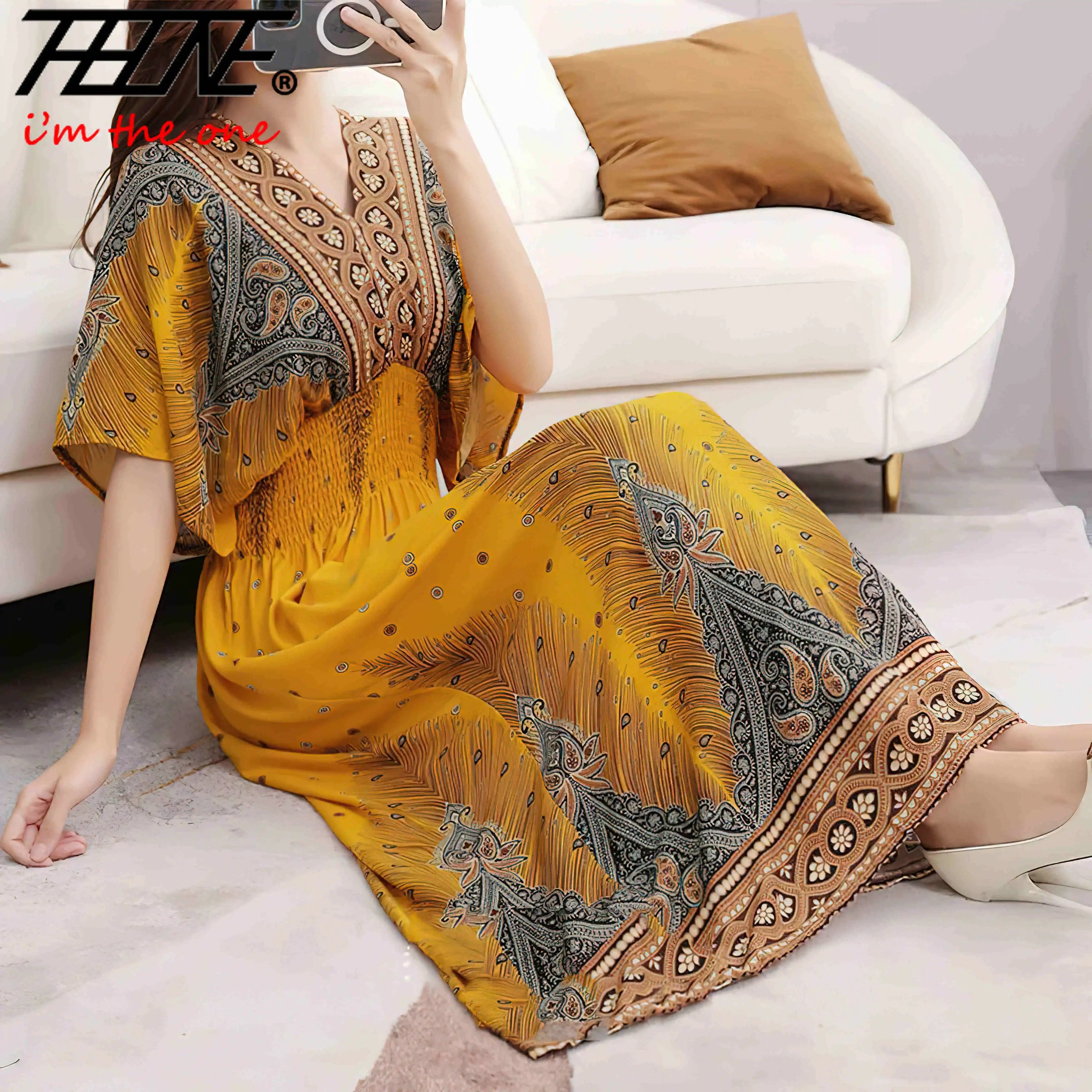 Vestido largo de cuerda Para Mujer, traje bohemio con cuello en V, estilo Retro, informal, estampado coreano, Verano